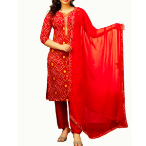Women's Rayon Bandhani Print and Embroidered Kurta Salwar and Dupatta Set